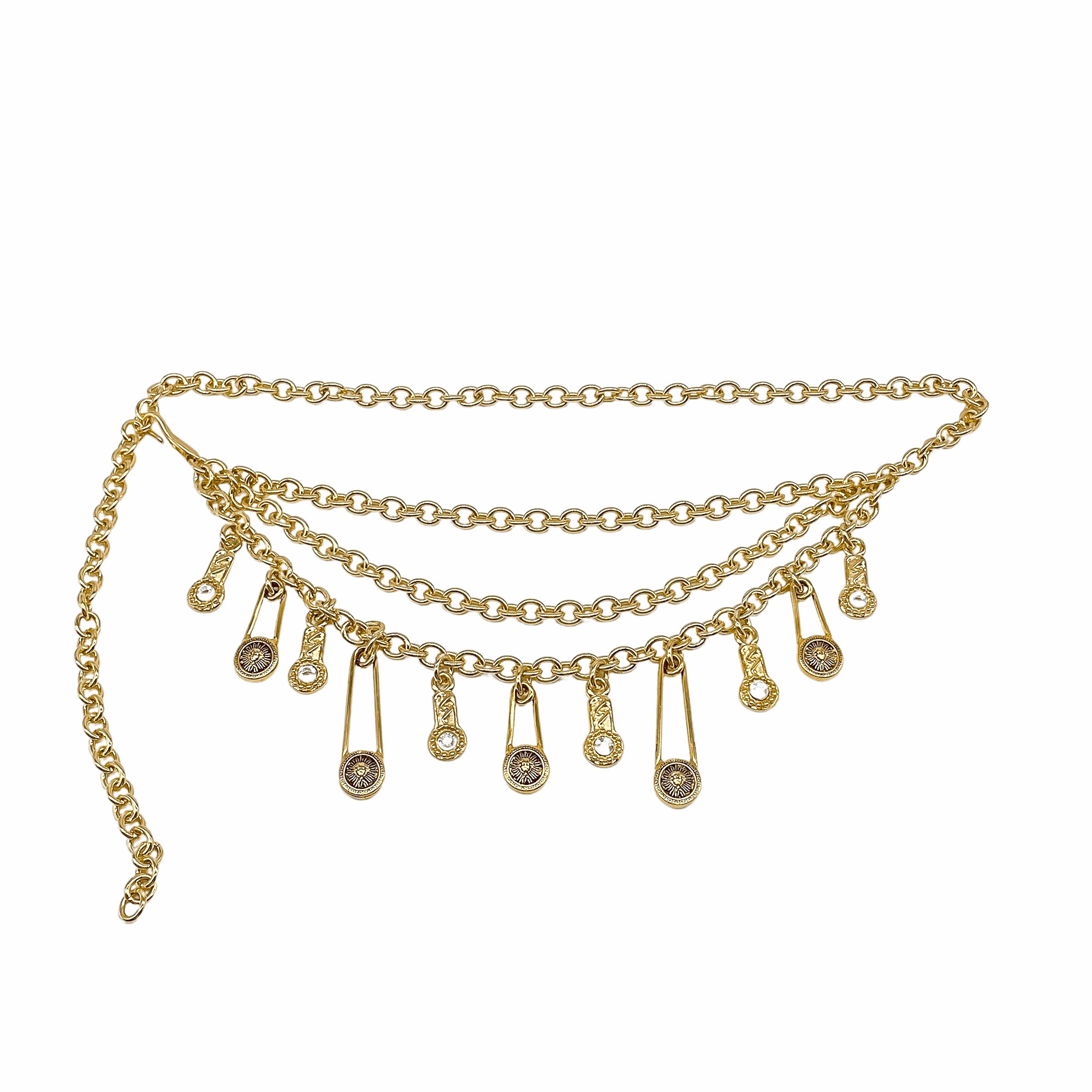 Safety Pin Chain Belt in light gold-plated Italian chain with safety pin detail, Streets Ahead