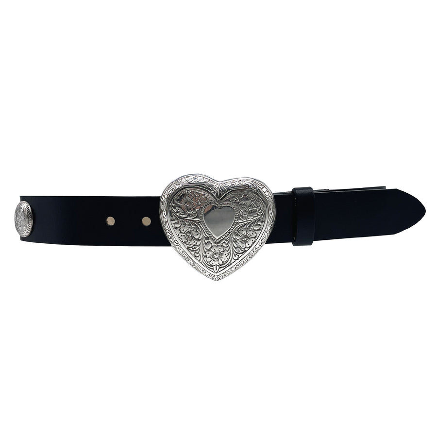 Engraved Heart - Vintage Heart Buckle Black Leather Belt