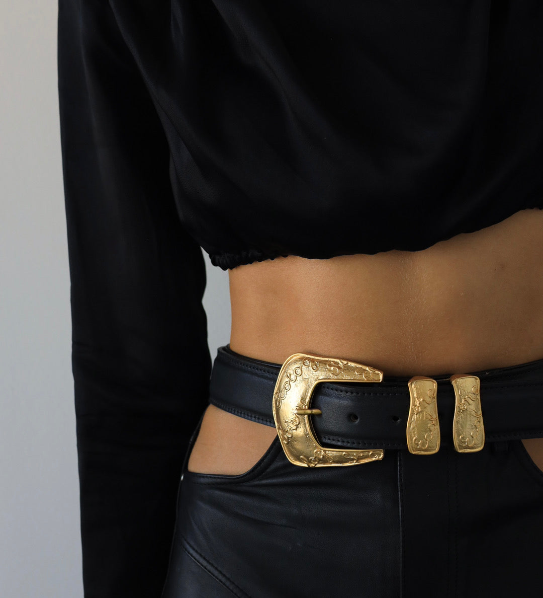 Streets Ahead Violet Belt — western black leather belt with gold hardware, handcrafted in Los Angeles
