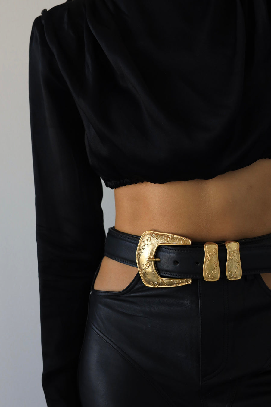 Violet Belt - Black Leather Gold Vintage Buckle - Streets Ahead