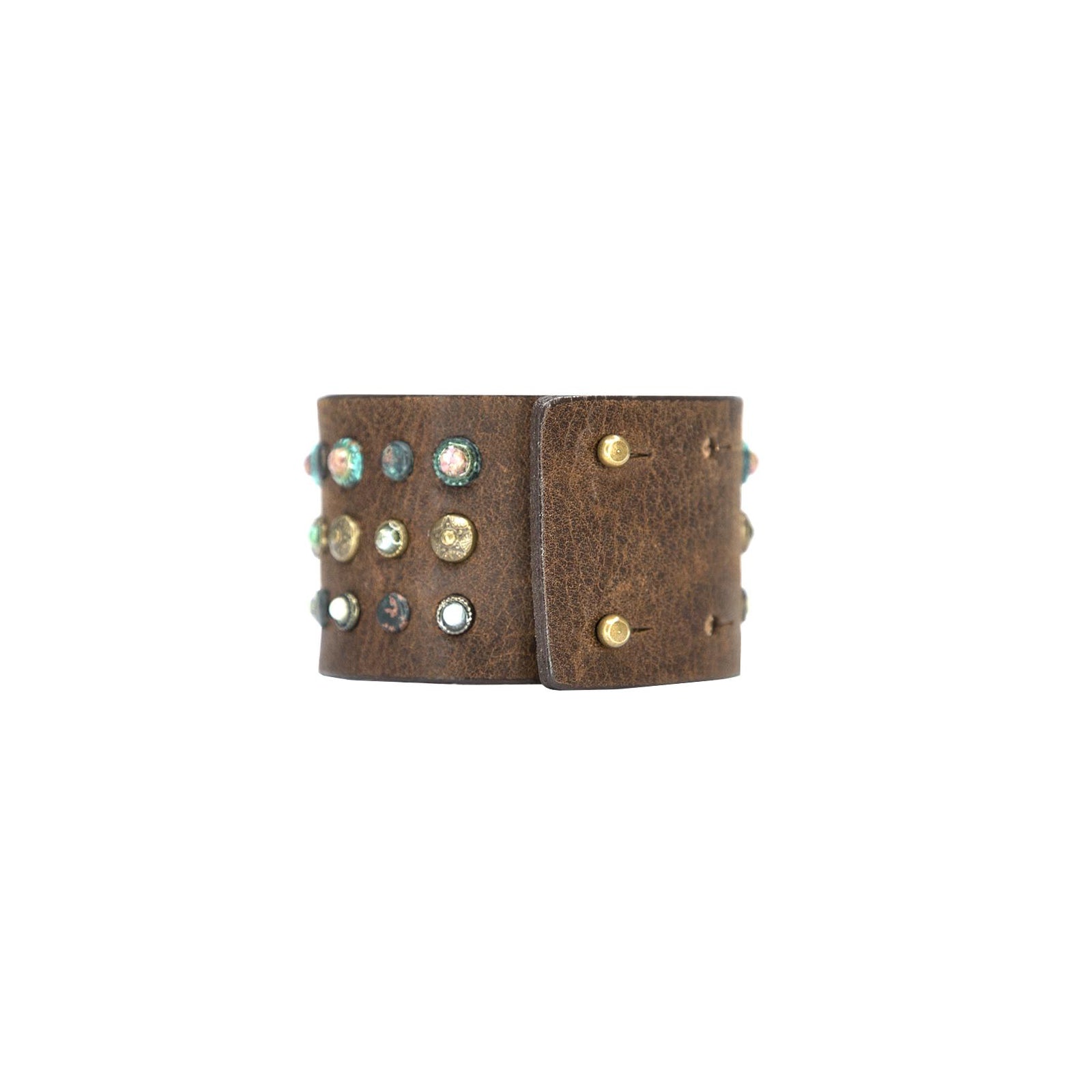 Streets Ahead Penny Cuff — chocolate leather cuff with pink and green stone detail, handcrafted in Los Angeles