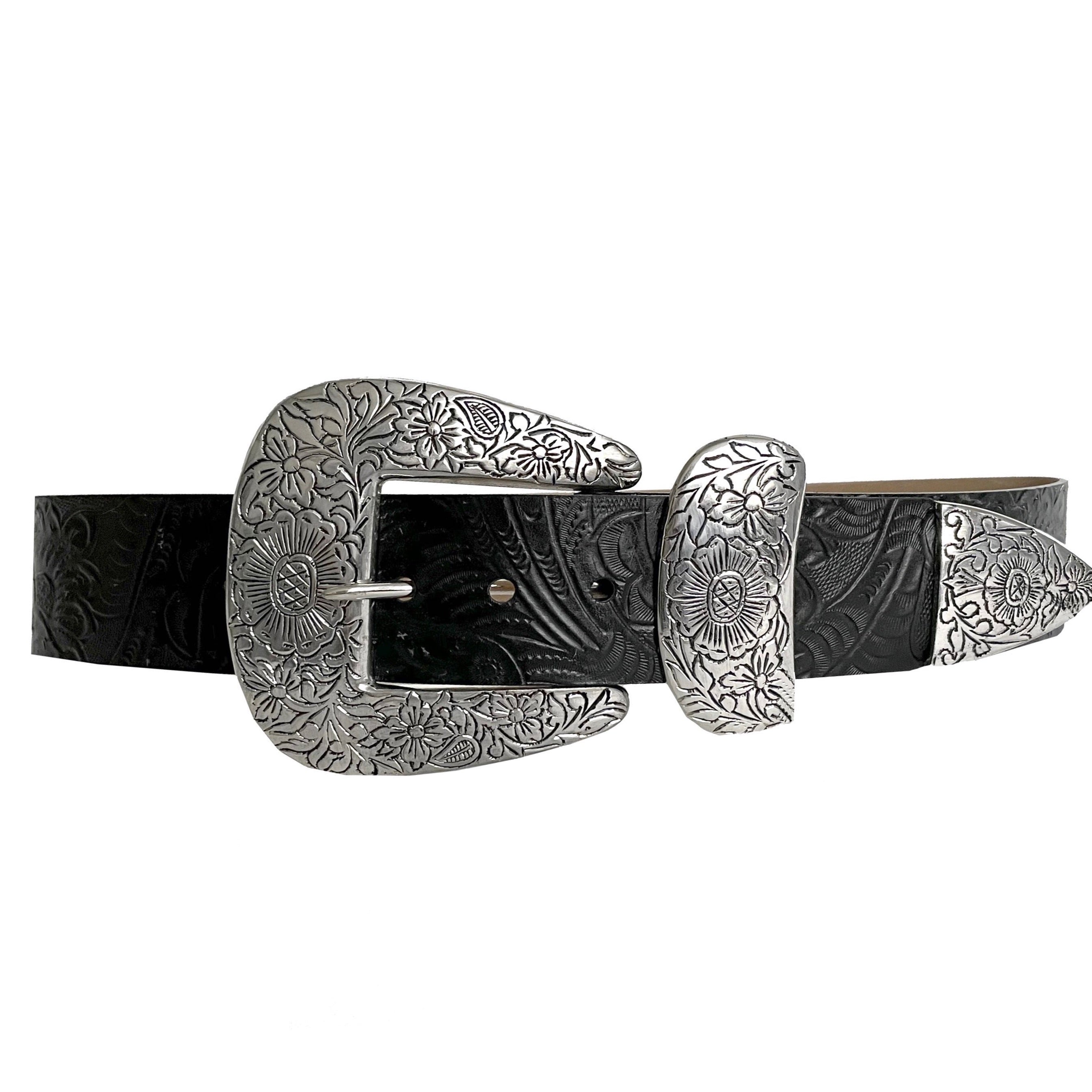 Braun Belt in tooled Italian leather with engraved antique silver buckle set, Streets Ahead