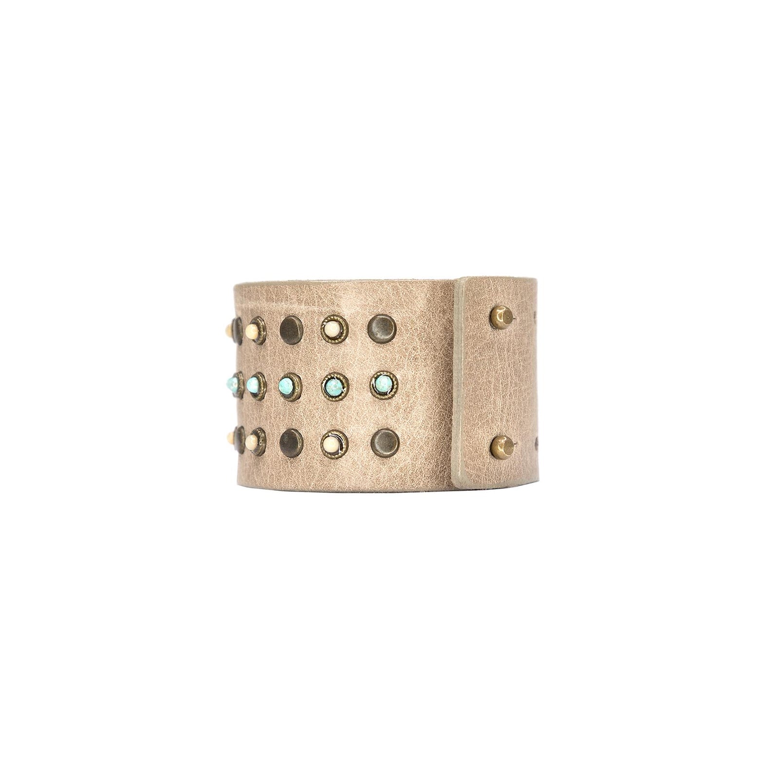 Streets Ahead Maeve Cuff — taupe leather cuff with turquoise stone detail, handcrafted in Los Angeles