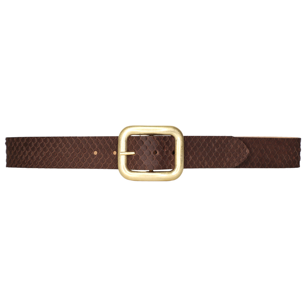Woodland Belt in brown snake-embossed Italian leather with gold rectangular buckle, Streets Ahead