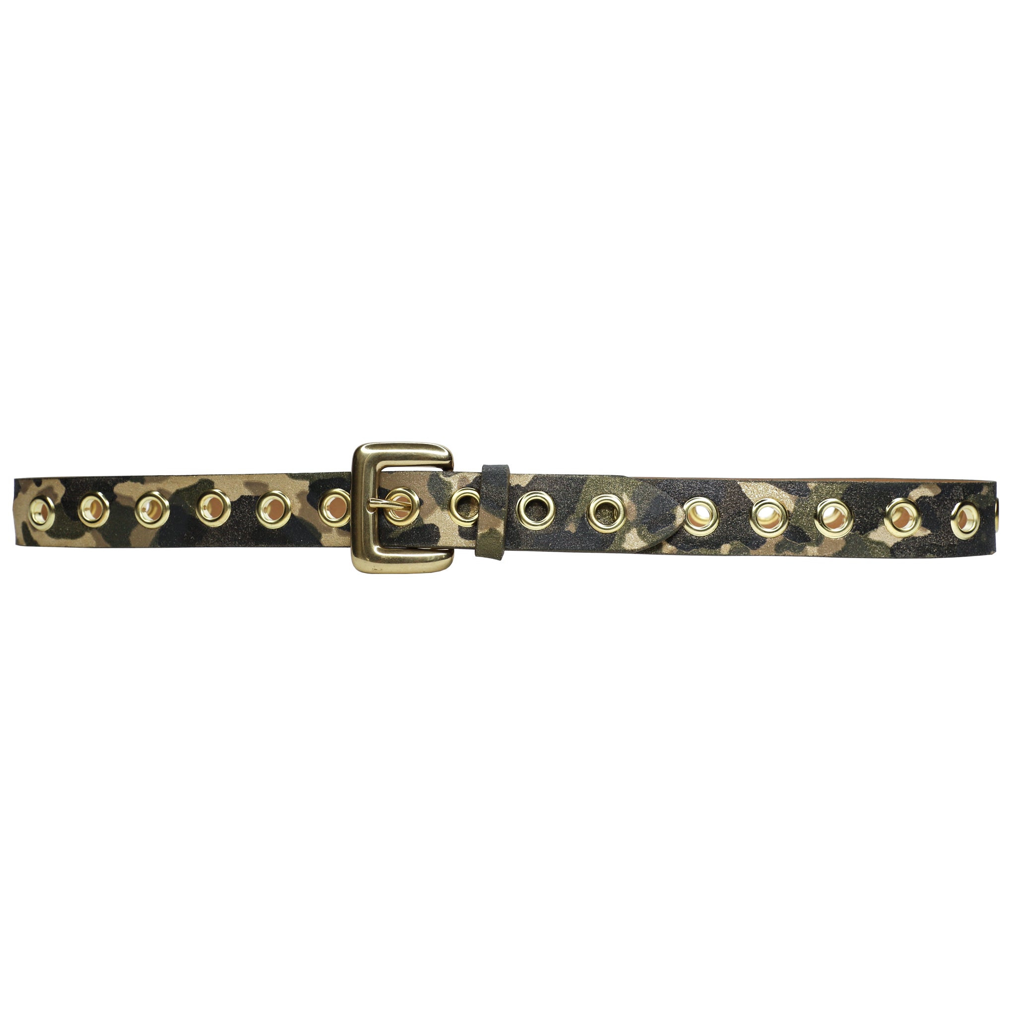 Elsie Belt in shiny camo-printed Italian leather with brass buckle, Streets Ahead