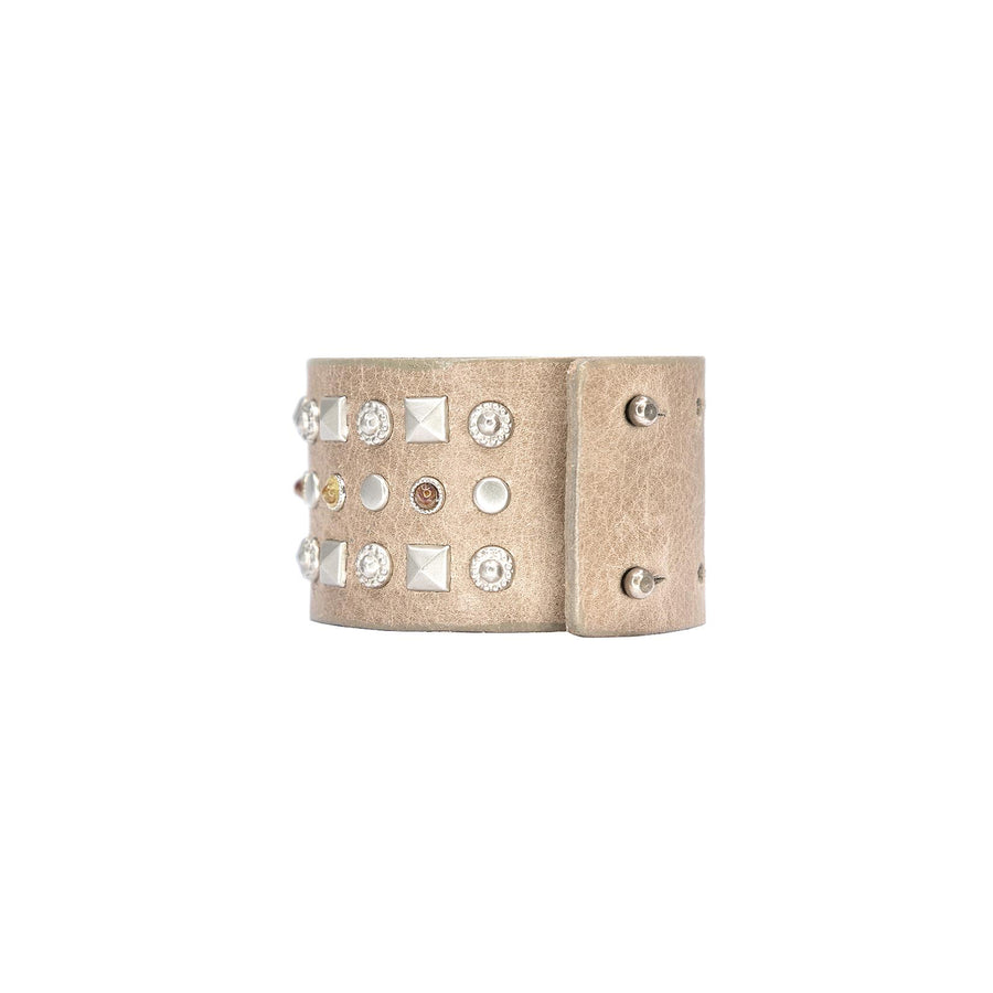 Alessandra - Studded Stones Taupe Leather Cuff - Streets Ahead