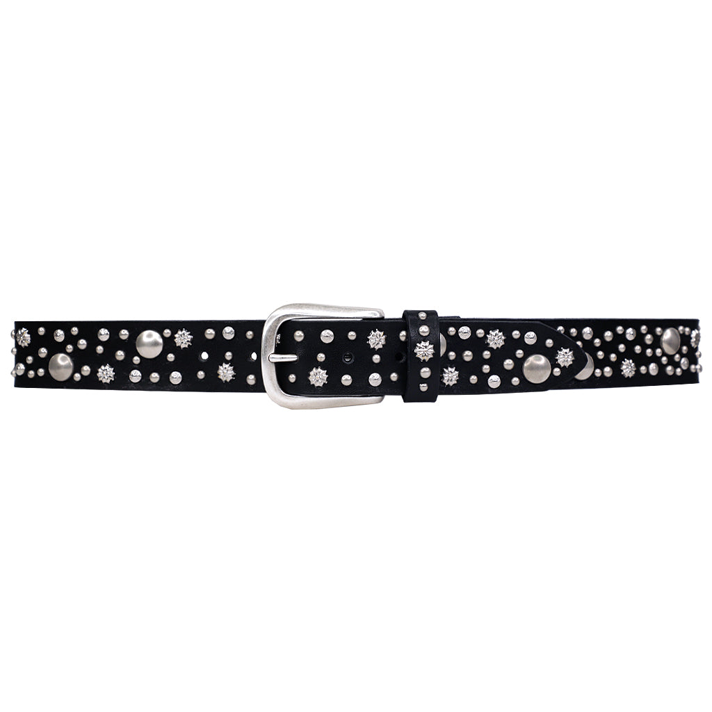 Jagger Belt in black Italian leather with silver studs and old silver buckle, Streets Ahead