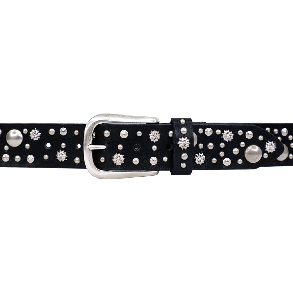 Jagger Belt detail, silver stud pattern on black Italian leather, Streets Ahead