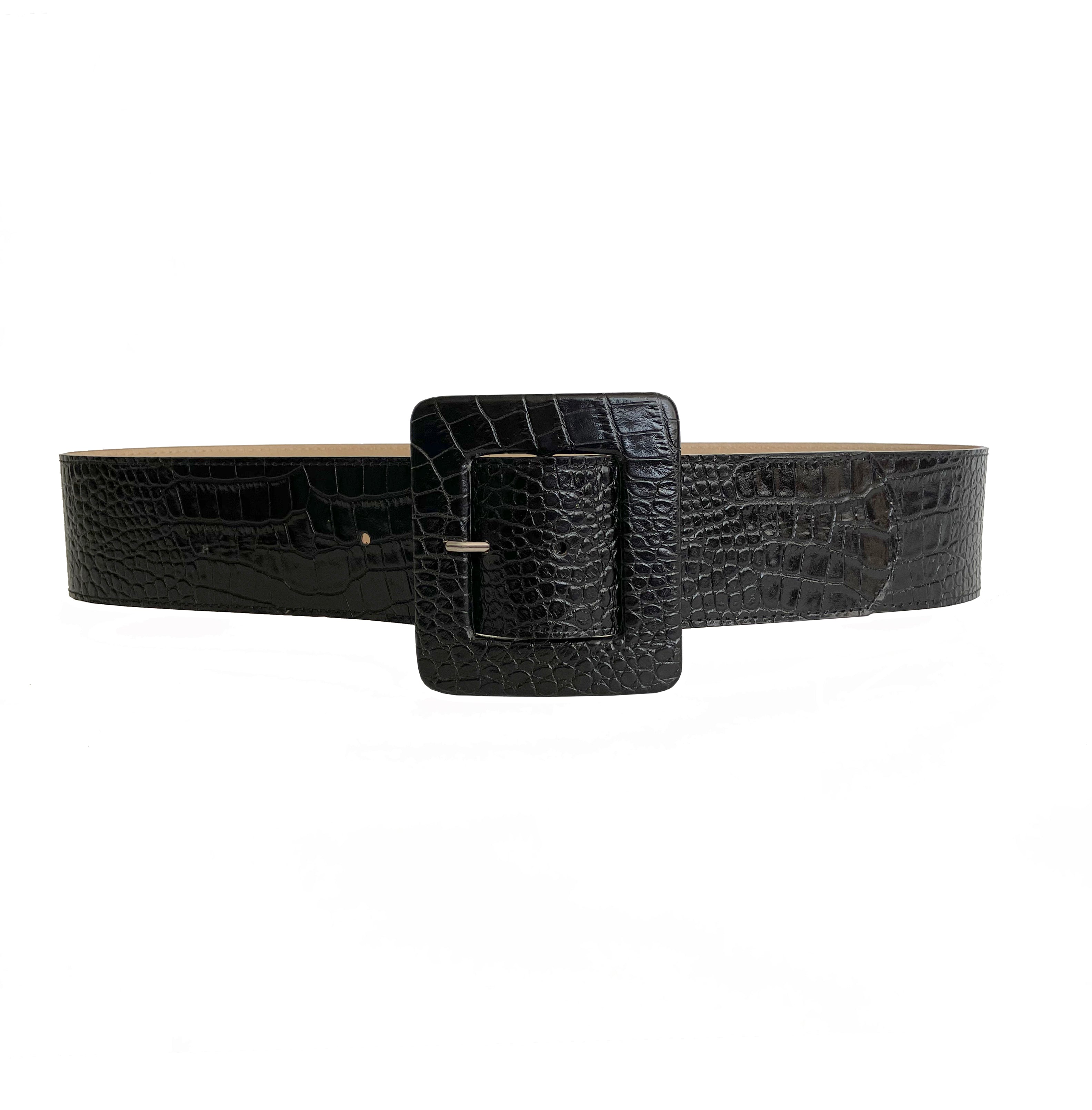 Magda Black Belt in croc-embossed Italian leather with leather-covered square buckle, Streets Ahead