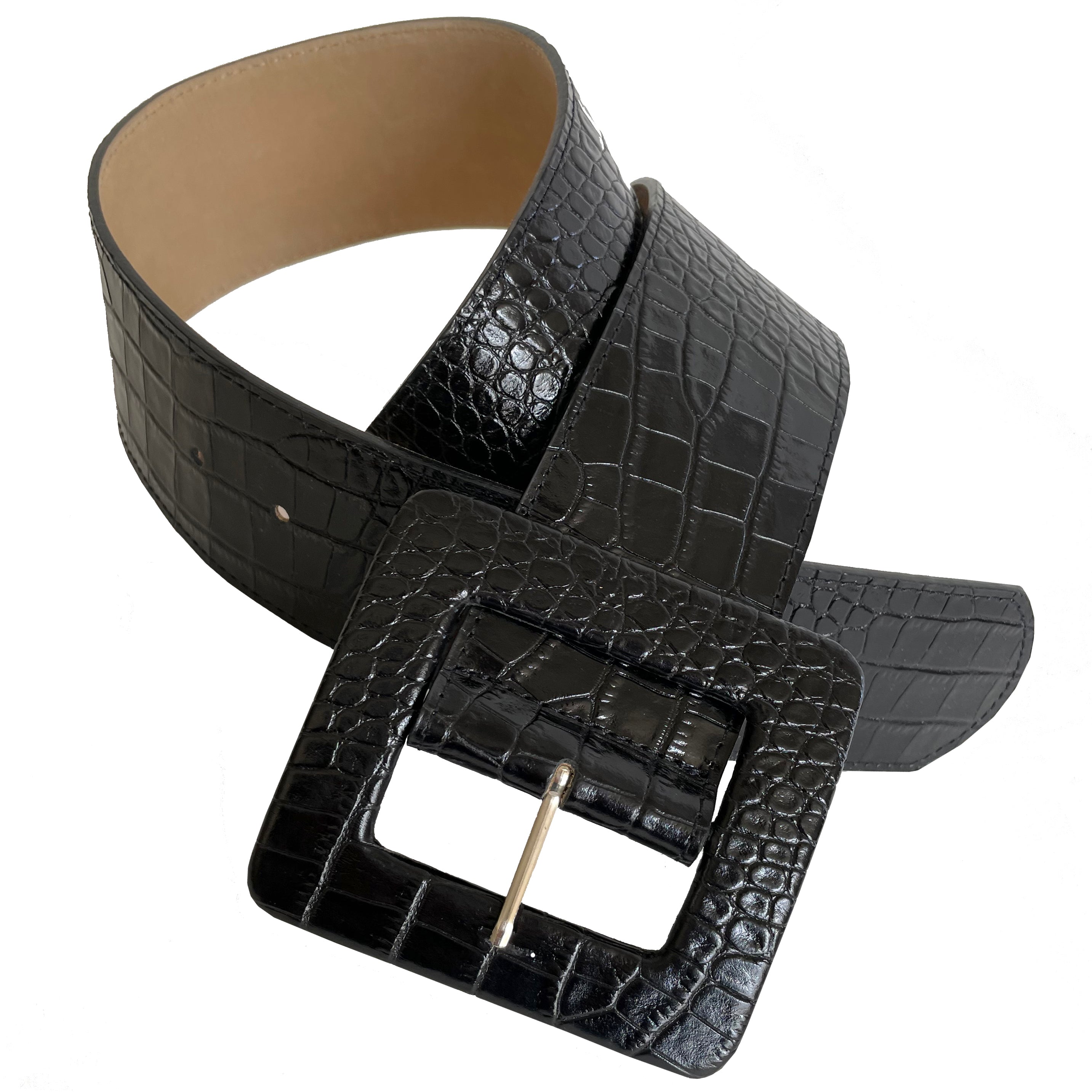 Streets Ahead Magda Black Belt — wide waist croc-embossed leather belt, handcrafted in Los Angeles