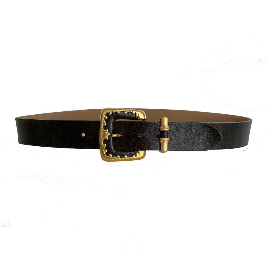 Vera Belt - Black Leather Romantic Gold Buckle - Streets Ahead