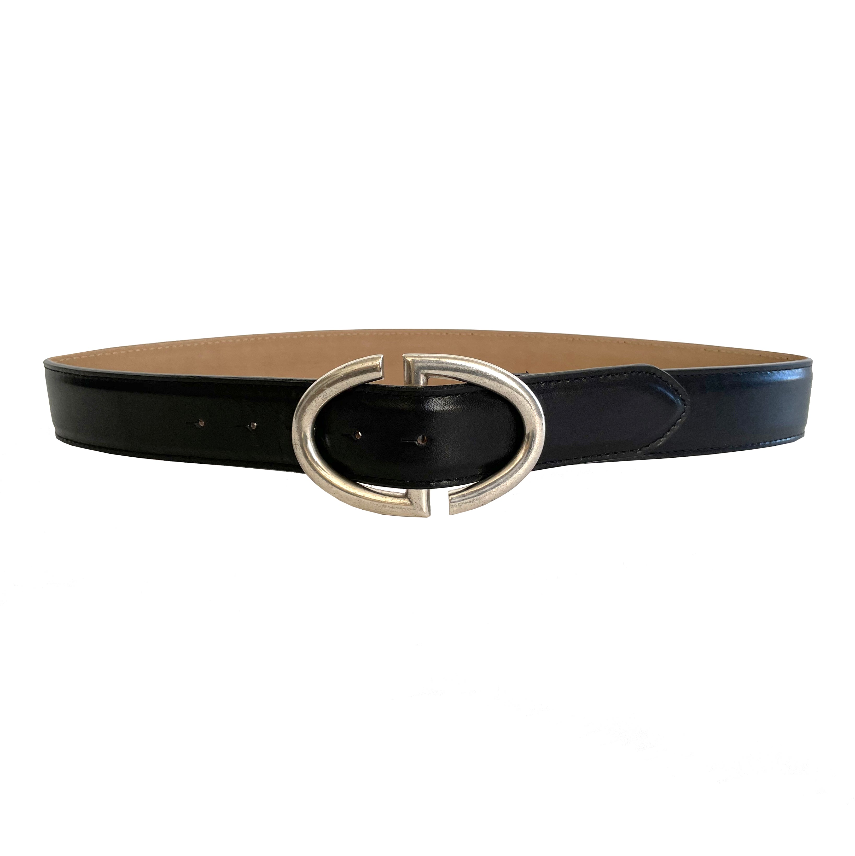 Scarlet Silver Belt in black feather-edge Italian leather with silver S-shaped buckle, Streets Ahead
