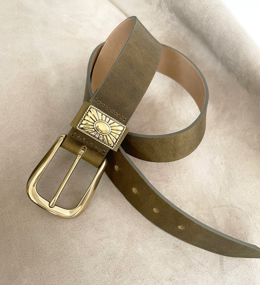 Brenda Belt - Olive Leather Brass Buckle - Streets Ahead