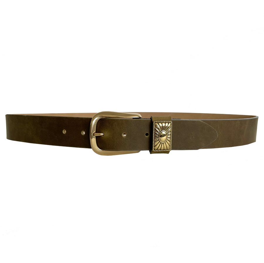 Brenda Belt - Olive Leather Brass Buckle - Streets Ahead