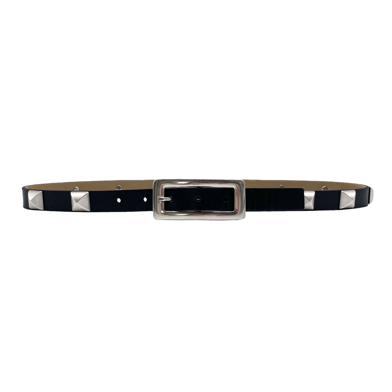 Riley Pyramid Belt in smooth black Italian leather with matte silver pyramid hardware, Streets Ahead
