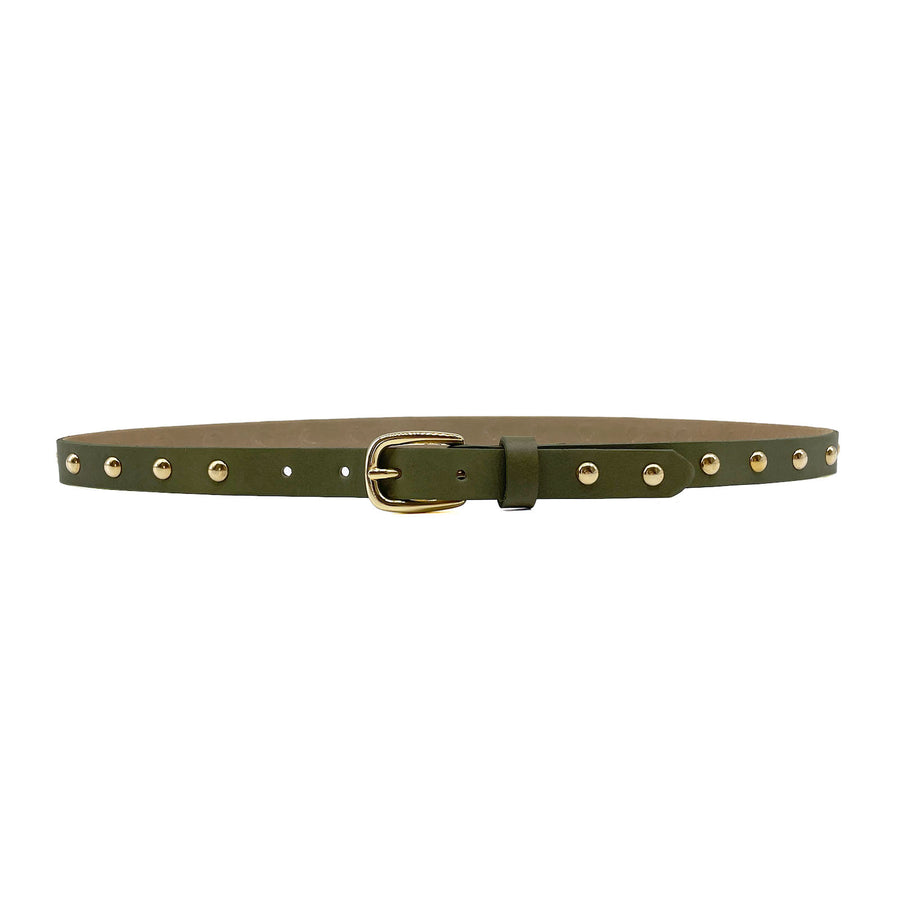 Milli Belt - Olive Green Leather Gold Studs - Streets Ahead