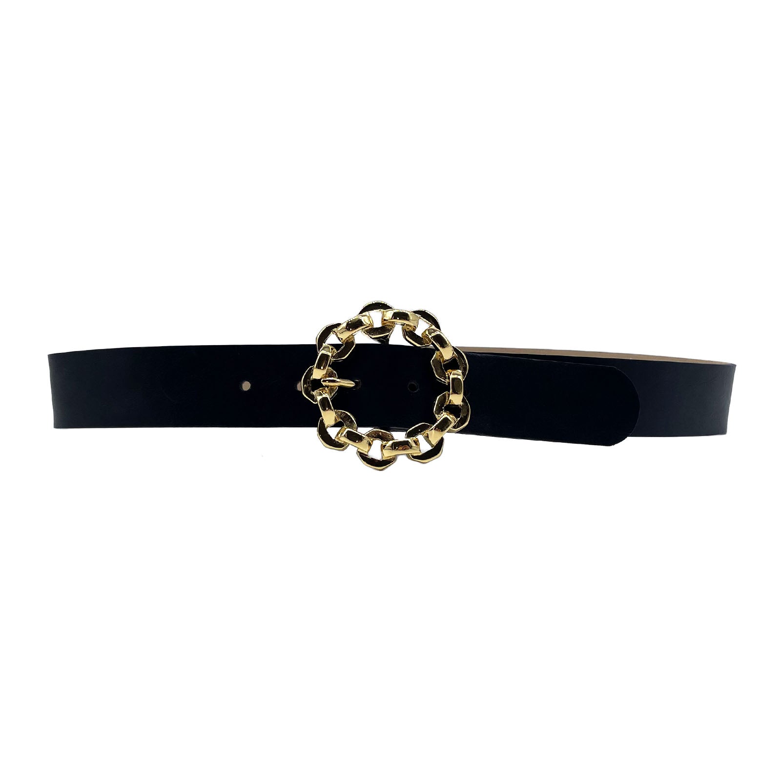 Stella Belt in smooth black Italian leather with gold chain link buckle, Streets Ahead