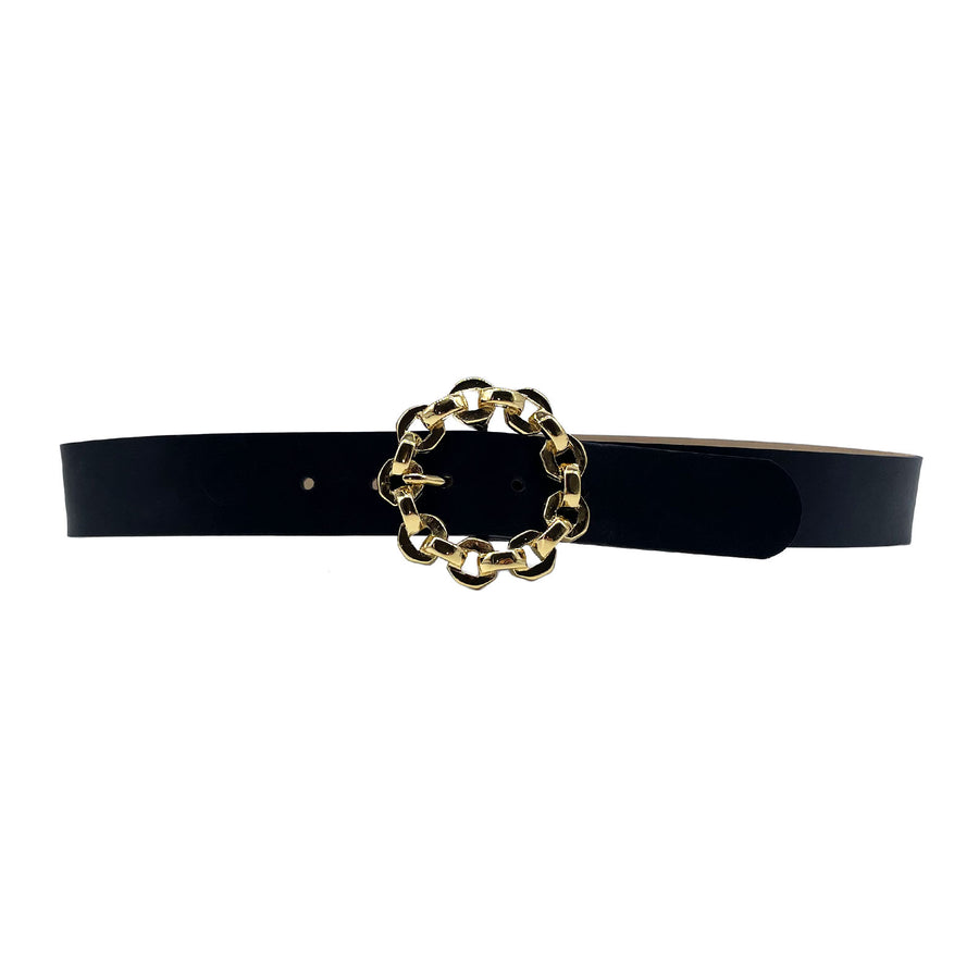 Stella Belt - Black Leather Gold Chain Buckle - Streets Ahead
