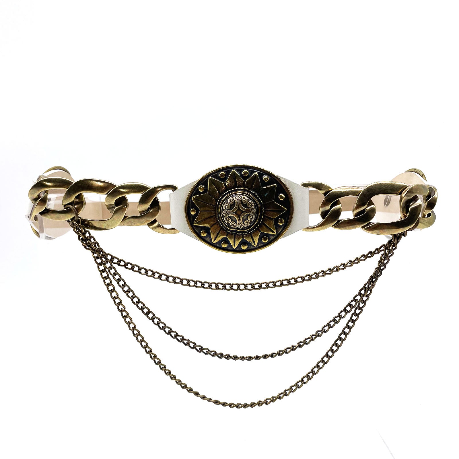 Paige Belt in off-white Italian leather with brass chain hardware and snap closure, Streets Ahead