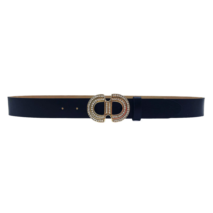 Amelia Belt - Black Leather Gold Rhinestone Buckle - Streets Ahead