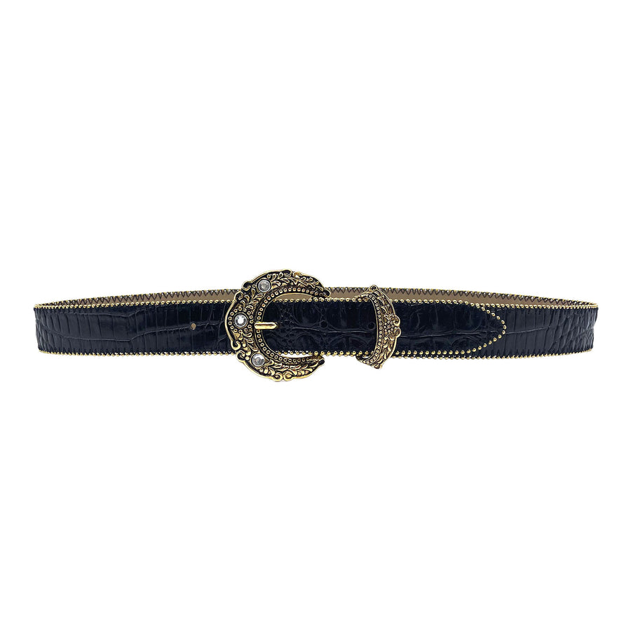 Freya Belt - Black Croc Embossed Leather Gold Buckle - Streets Ahead