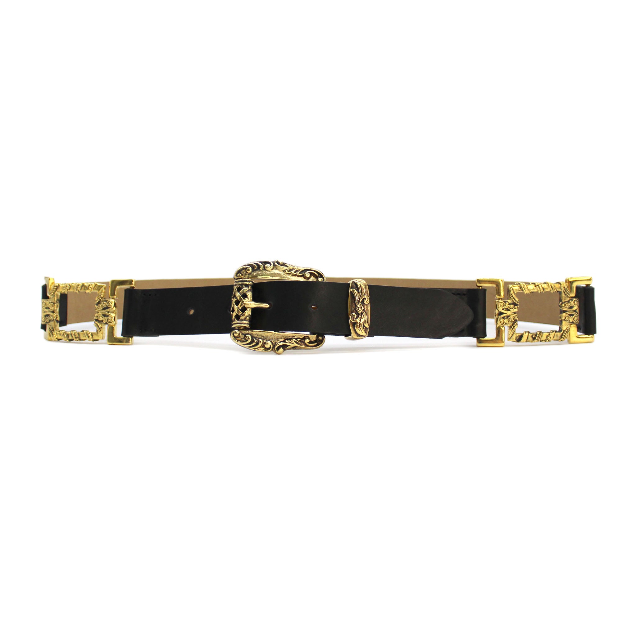 Everly Belt in black Italian leather with vintage gold ornate buckle hardware, Streets Ahead