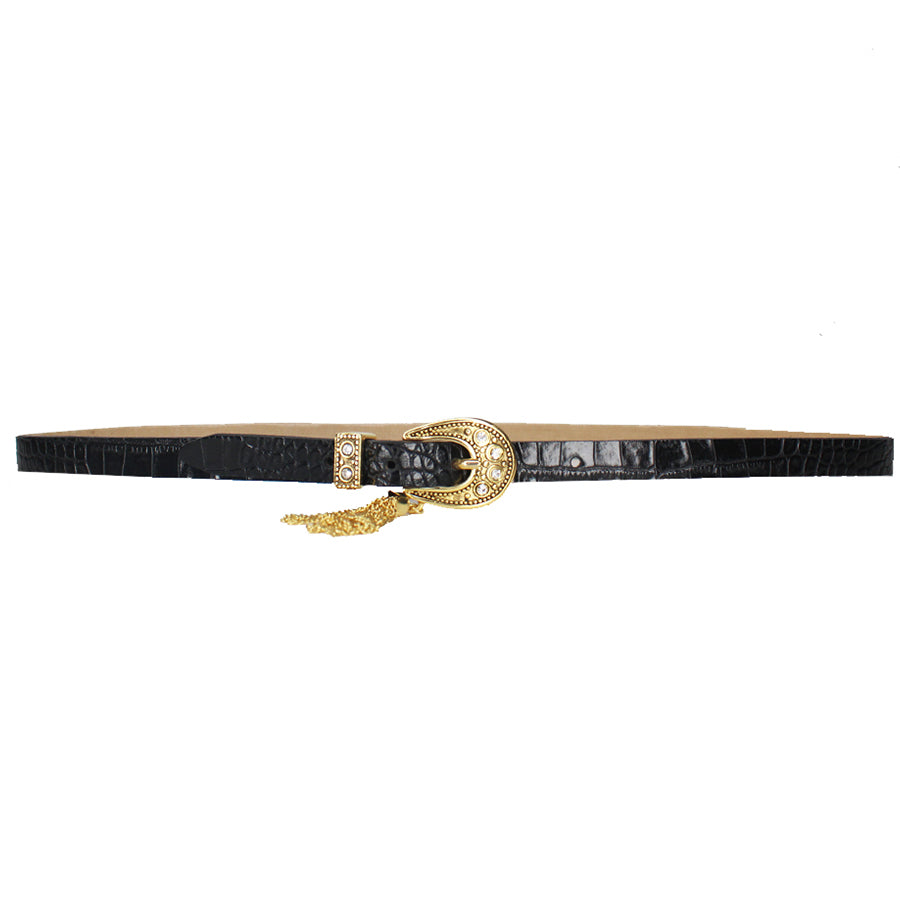 Versaille Belt - Black Croc-Embossed Gold Crystal - Streets Ahead