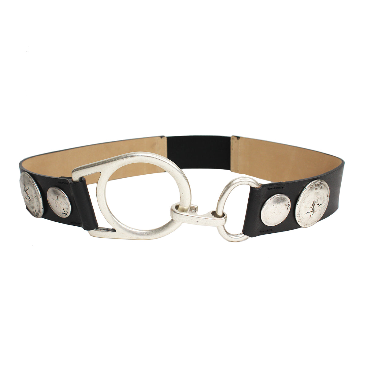 Amanda Belt in smooth black Italian leather with silver circular hardware and stretch, Streets Ahead