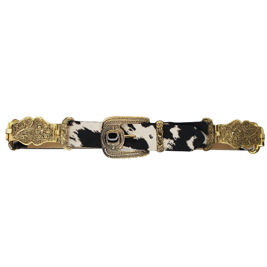 Guilded Belt in black and white cow-print calf-hair Italian leather with gold vintage buckle set, Streets Ahead