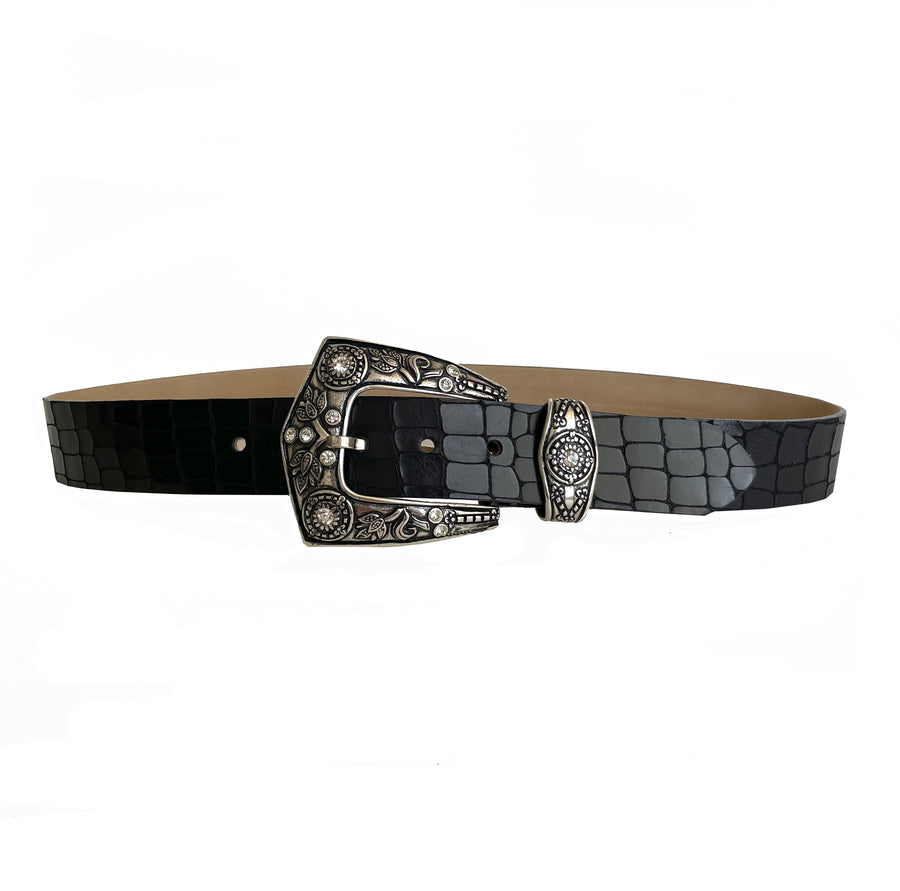 Nakia Belt - Black Embossed Leather Old Silver Buckle Set - Streets Ahead