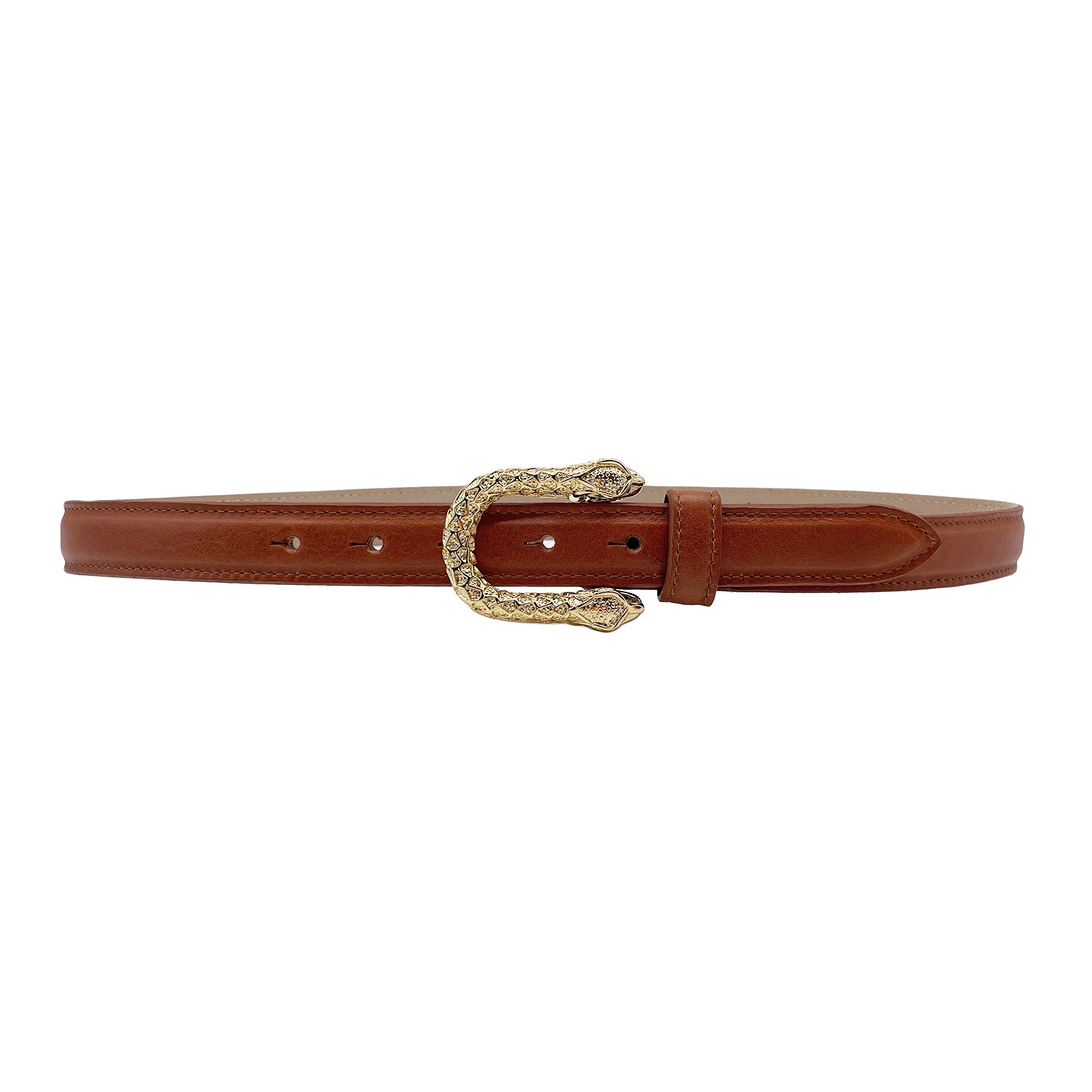 Snake Gold Belt in soft cognac Italian leather with gold snake buckle and feather edge, Streets Ahead