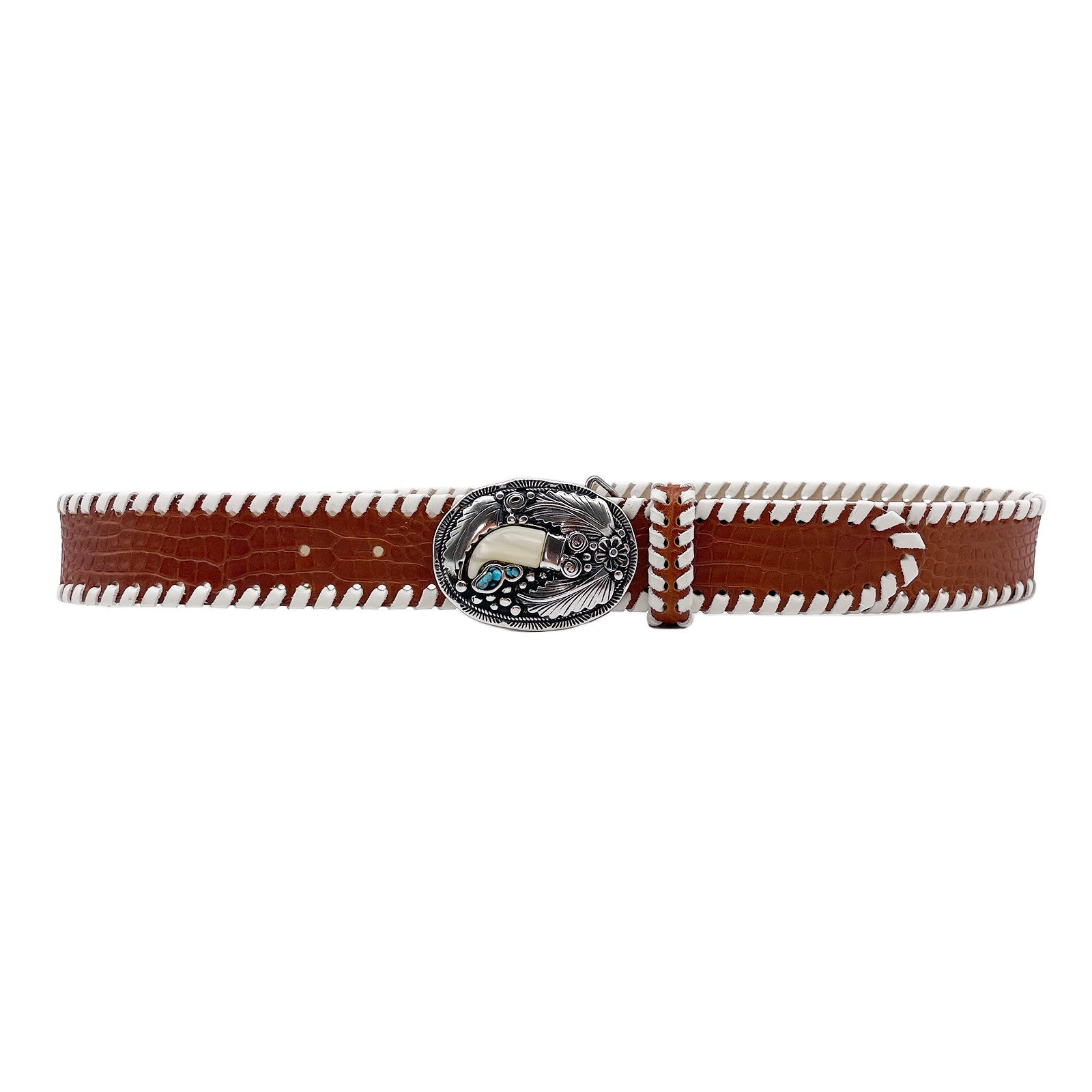 August Belt - Western Buckle Cognac Croc Embossed Leather - Streets Ahead