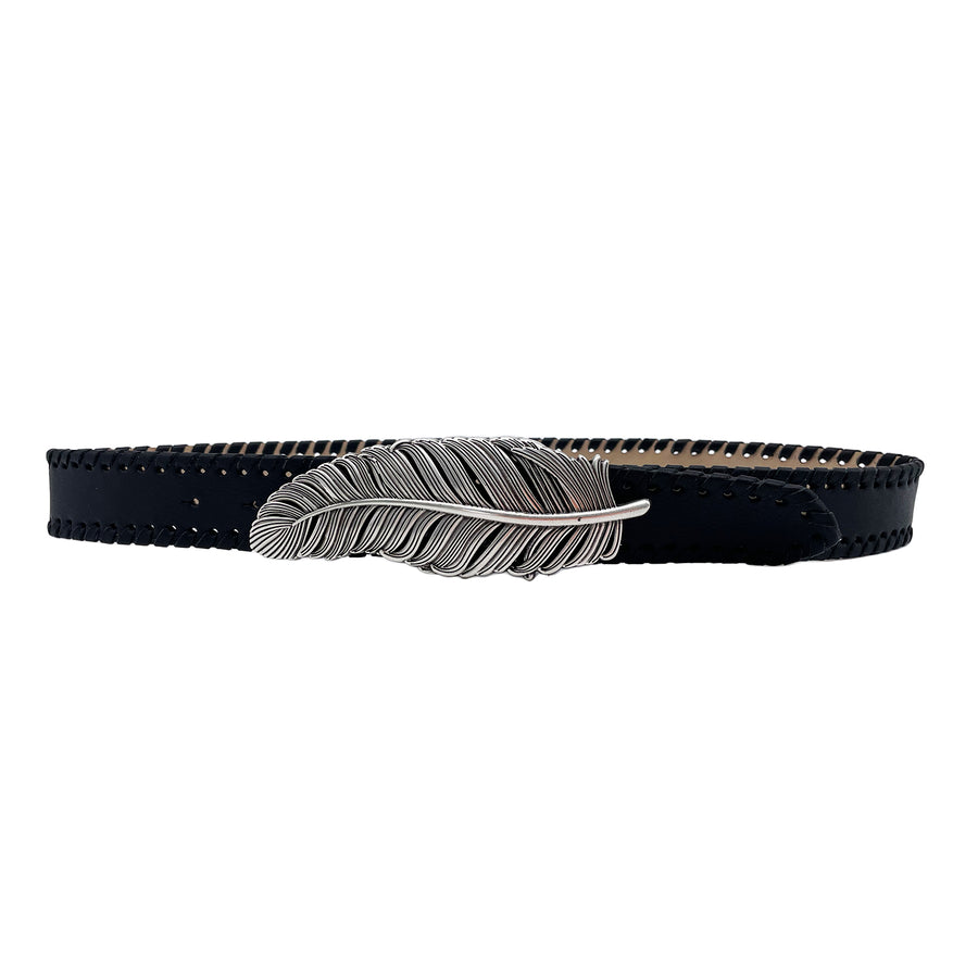 Feather Belt - Black Leather Whipstitch Feather Buckle - Streets Ahead