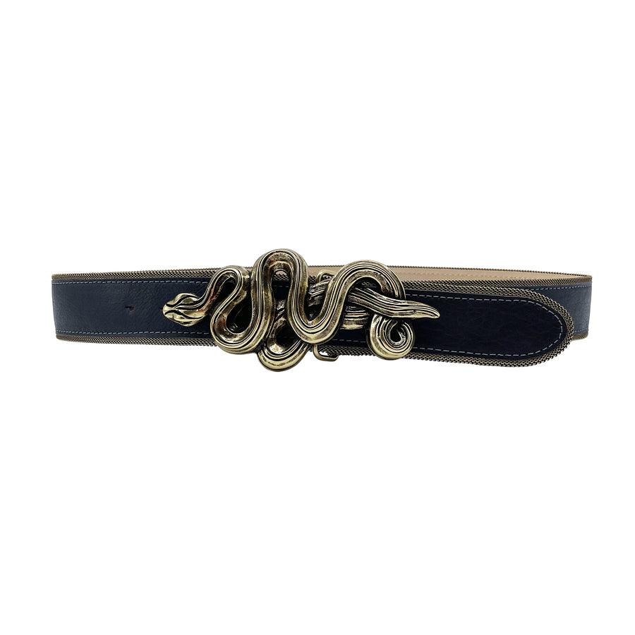 Elena Belt - Black Leather Brass Snake Buckle - Streets Ahead