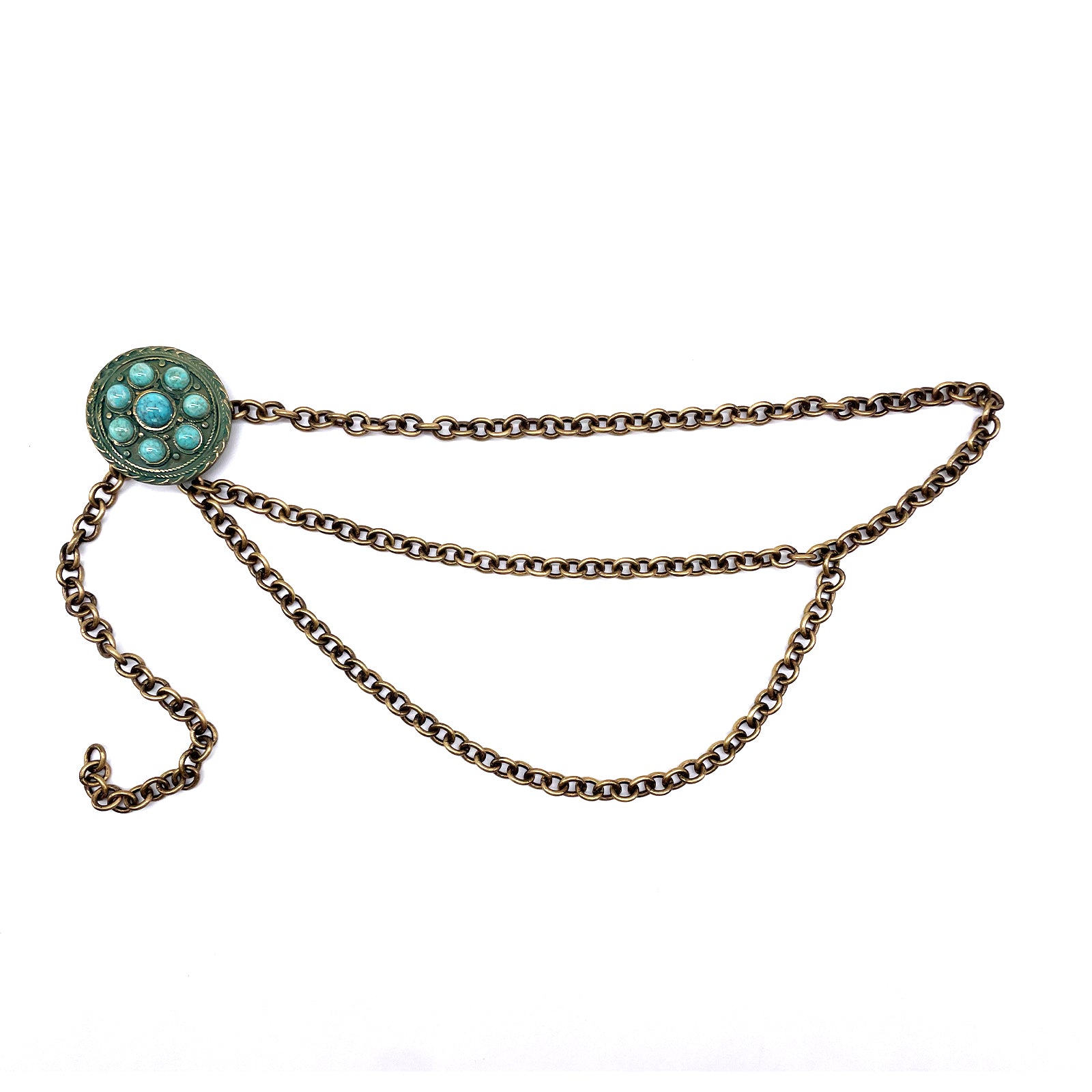 Issa Chain Belt in Italian brass chain with turquoise finish and glass stone accents, Streets Ahead