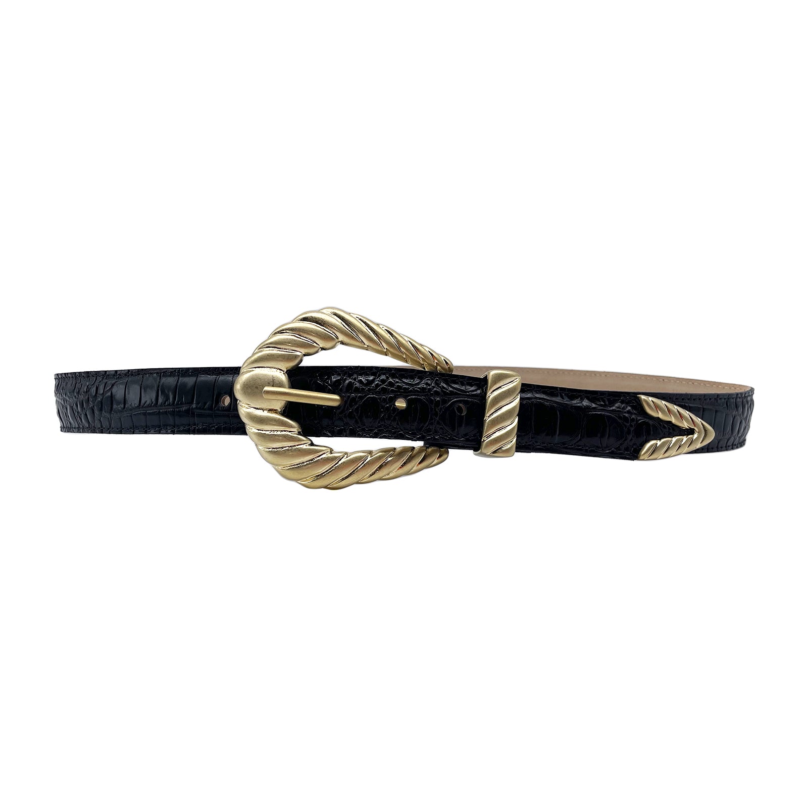 Off To The Races Gold Belt in black croc-embossed Italian leather with gold western buckle, Streets Ahead