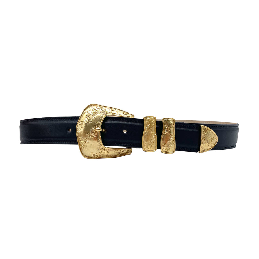 Violet Belt - Black Leather Gold Vintage Buckle - Streets Ahead