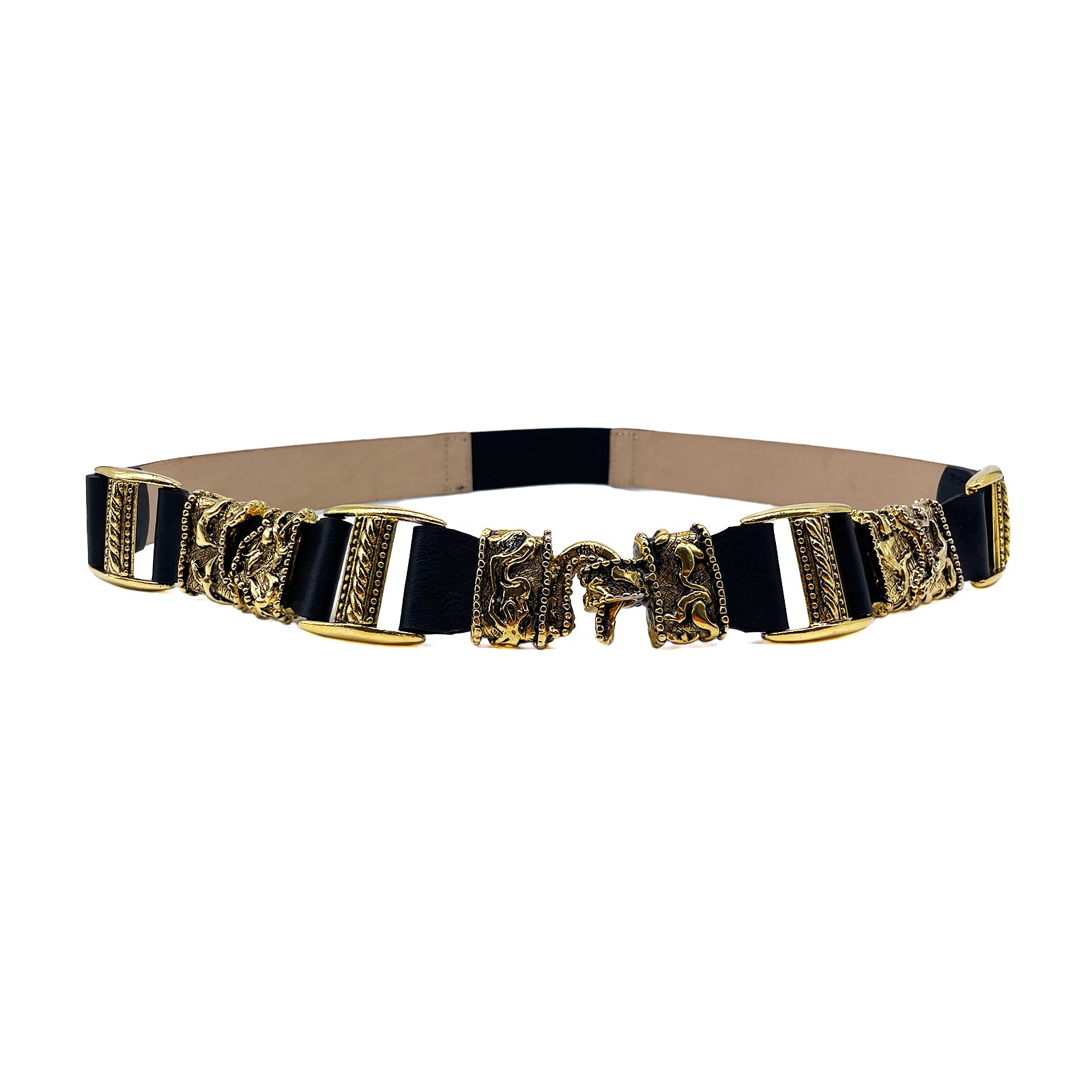Esme Belt in soft black Italian leather with engraved vintage gold hardware, Streets Ahead