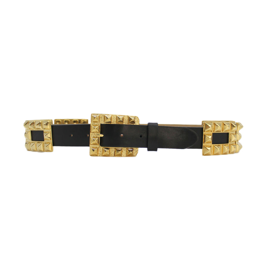 Riley Belt - Black Leather Gold Pyramid Buckle - Streets Ahead