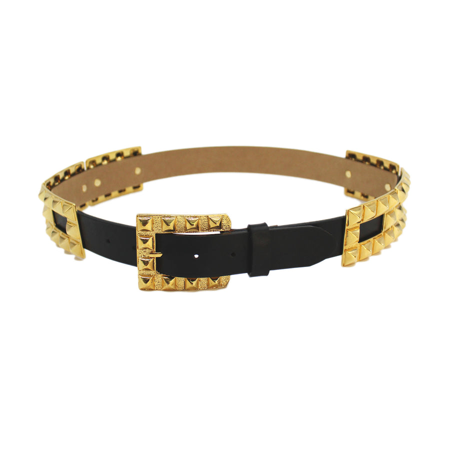 Riley Belt - Black Leather Gold Pyramid Buckle - Streets Ahead