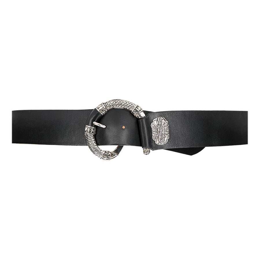 Bailey Belt - Black Leather Antique Silver Engraved Buckle - Streets Ahead