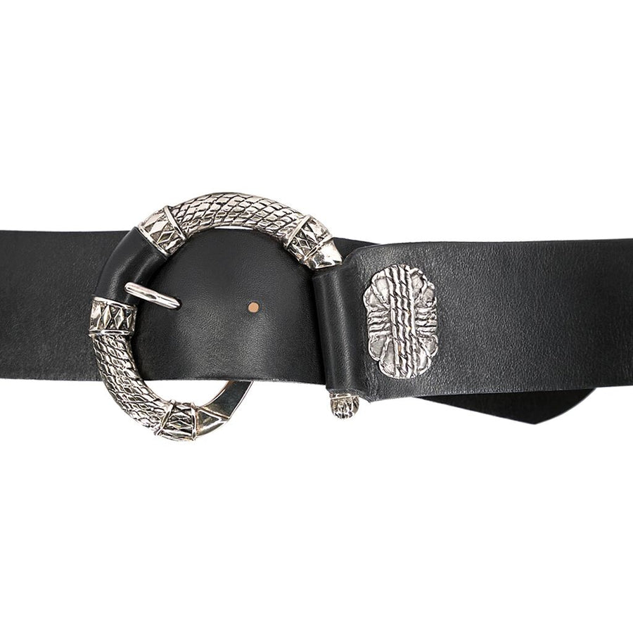 Bailey Belt - Black Leather Antique Silver Engraved Buckle - Streets Ahead