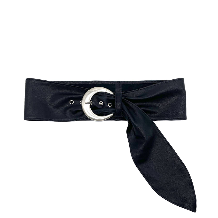 Ivy Sash Belt - Black Soft Obi Belt Silver Buckle - Streets Ahead