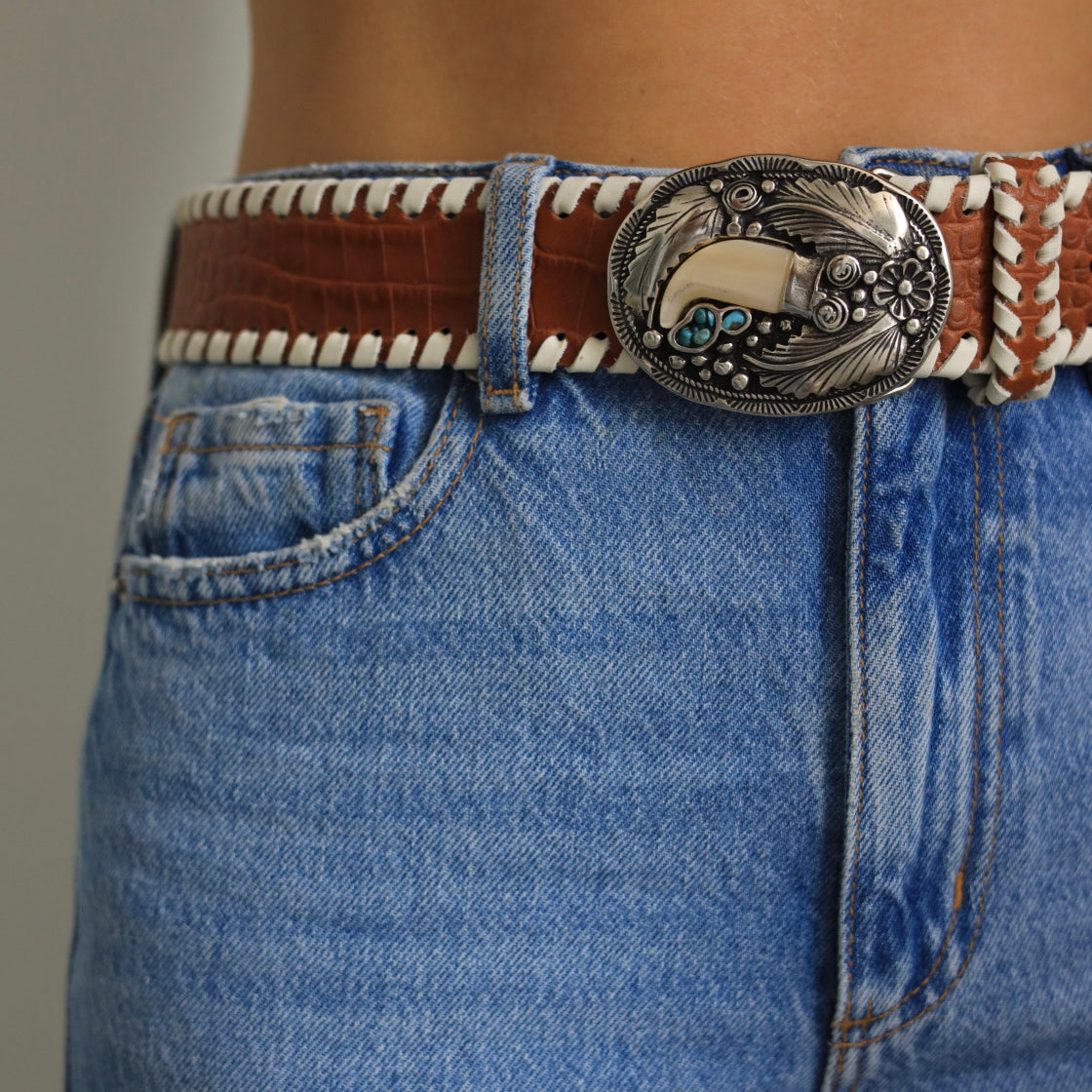 August Belt - Western Buckle Cognac Croc Embossed Leather - Streets Ahead