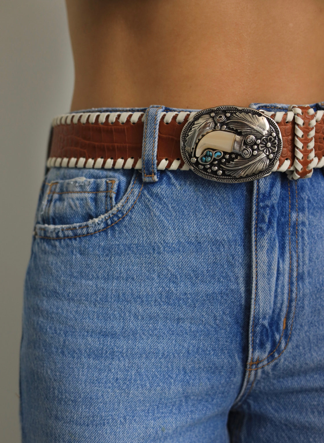 August Belt - Western Buckle Cognac Croc Embossed Leather - Streets Ahead