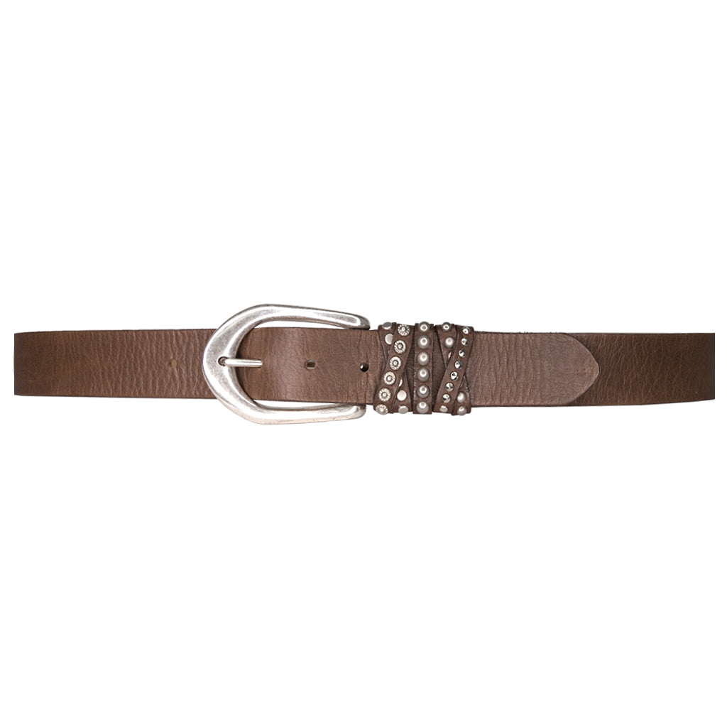 Streets Ahead Crista Belt — brown Italian leather with silver studded loop detail, handcrafted in Los Angeles