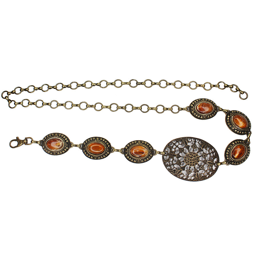 Amber Belt, antique brass chain with amber resin stone centers, Streets Ahead