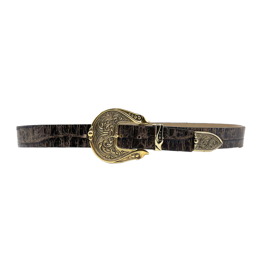 Caro Belt - Brown Croc Embossed Italian Leather Gold Buckle - Streets Ahead