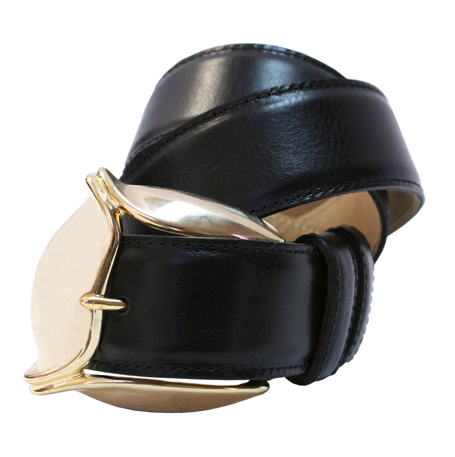 Posh Belt - Feather Edge Black Leather Gold Buckle - Streets Ahead