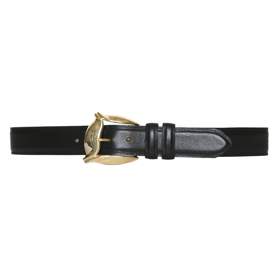Posh Belt - Feather Edge Black Leather Gold Buckle - Streets Ahead